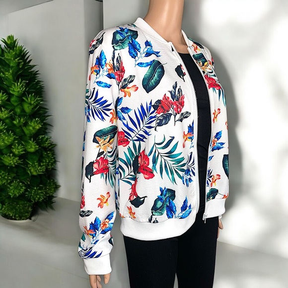 New Women's Tropical Plant Print Baseball Collar Jacket - Picture 15 of 16